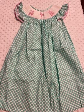 Girls' Aqua Polka Dot Nightgown with Pink Trim and Embroidery